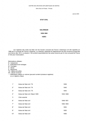 FR MAE 182EC, Salonique, état civil consulaire, primata, 1839-1884