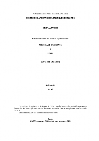 FR MAE 513PO/2004038/1-64, Pékin, ambassade, 1989-1992