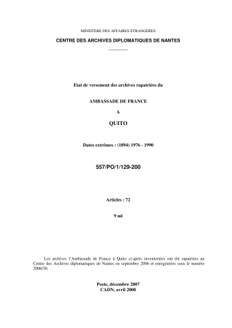 FR MAE 557PO/1, Quito, ambassade, 1976-1990