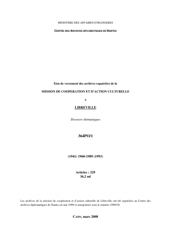 FR MAE 364PO/1, Livreville, MCAC, dossiers thématiques, 1960-1989