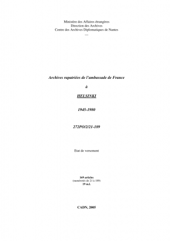 FR MAE 272PO/2, Helsinki, ambassade, 1945-1980