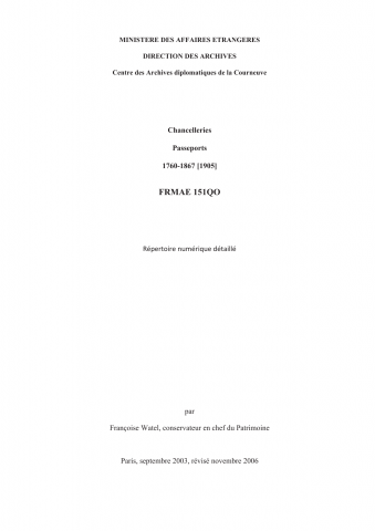 FR MAE 151QO, Chancelleries, passeports, 1760-1867