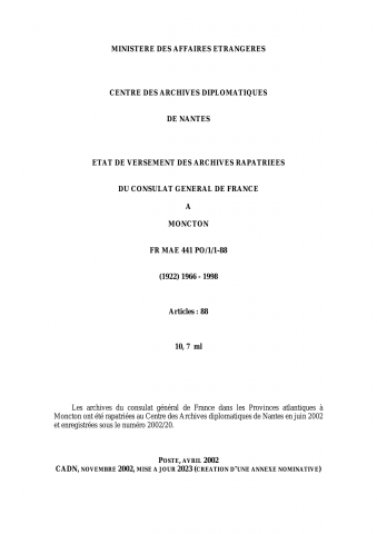 FR MAE 441PO/1/1-88, Moncton, consulat, 1966-1998