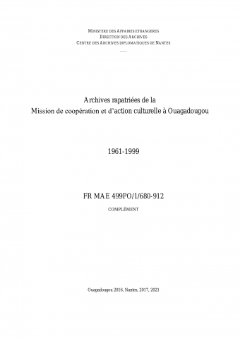 FR MAE 499PO/1/680-912, OUAGADOUGOU, MCAC, 1960-1999