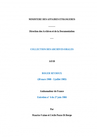 FR MAE 10AO, transcription 4 entretiens de  Roger SEYDOUX
