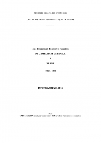 FR MAE 89PO/2002021/585-1011, Berne, ambassade, 1960-1992