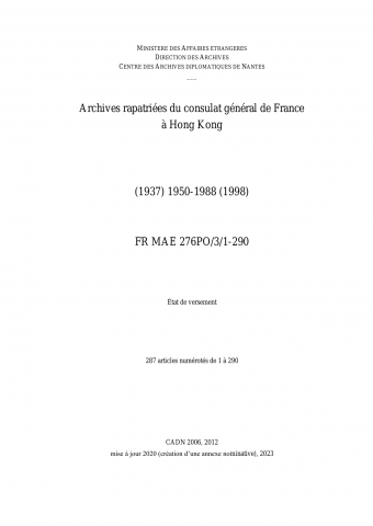 FR MAE 276PO3/1-290, Hong Kong, consulat, 1950-1988
