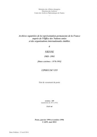 FR MAE 12POI/1/367-555, Vienne, représentation permanente auprès des Nations unies et des organisations internationales, 1985-1991
