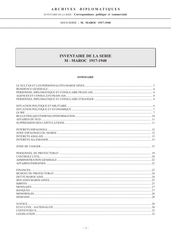 FR MAE 73CPCOM, Correspondance politique et commerciale, série M-Maroc, 1917-1940