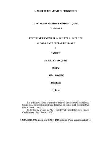 FR MAE 676PO/1/1-385, Tanger, consulat général, 1907-1989
