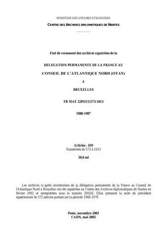 FR MAE 22POI/1/573-1013, Bruxelles, délégation permanente auprès du Conseil de l'Atlantique nord (OTAN), 1980-1987