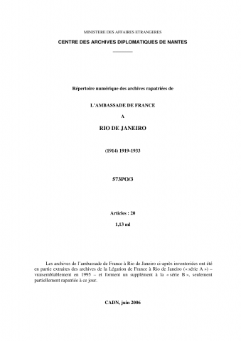 FR MAE 573PO/3, Rio de Janeiro, ambassade, 1914-1933