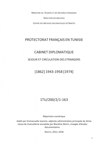 FR MAE 1TU/200/2, Protectorat français en Tunisie, cabinet diplomatique, 1943-1958
