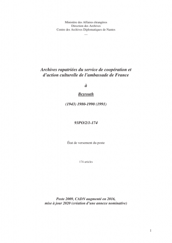 FR MAE 93PO/2, Beyrouth, SCAC, 1980-1990