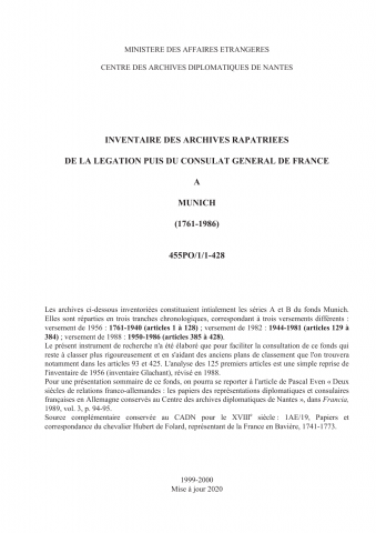 FR MAE 455PO/1/1-428, Munich, légation puis consulat général, 1761-1986