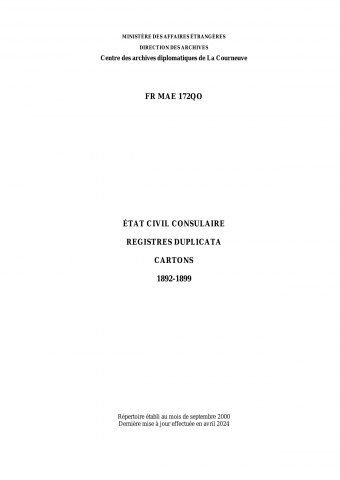 FR MAE, 172QO, État civil consulaire, registres duplicata, cartons, 1892-1899