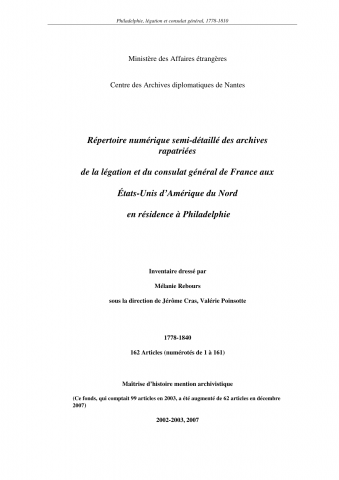 FR MAE 518PO/1, Philadelphie, légation, 1778-1840