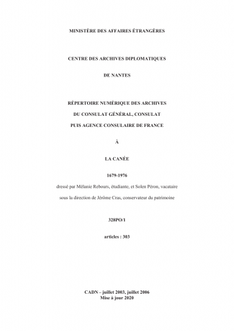FR MAE 328PO/1, La Canée, consulat, 1679-1976