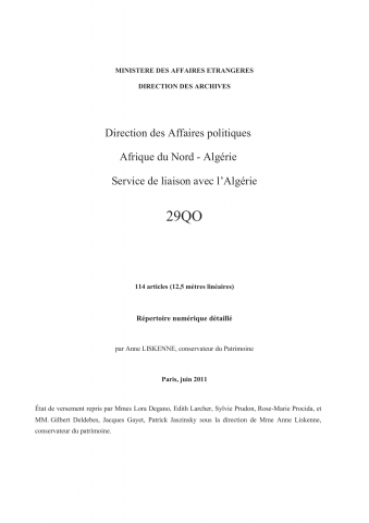 FR MAE 29QO, Affaires politiques, Service de liaison avec l'Algérie, 1957-1966