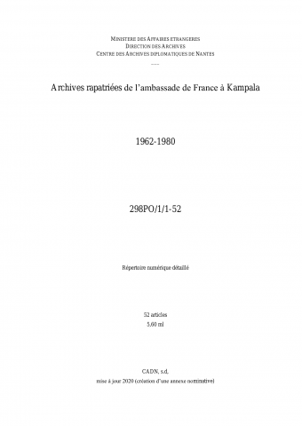 FR MAE 298PO/1/1-52, Kampala, ambassade, 1962-1980