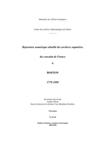 FR MAE 109PO/1, Boston, consulat, 1778-1896