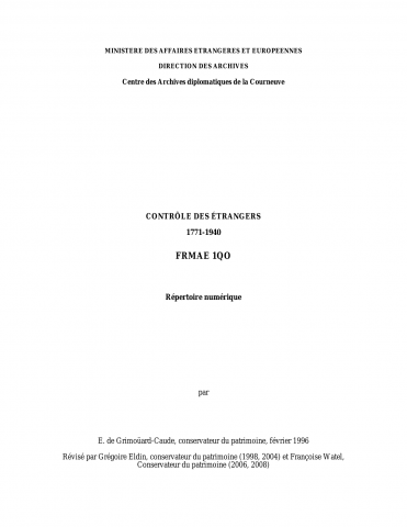 FRMAE 1QO, Contrôle des étrangers, 1771-1940
