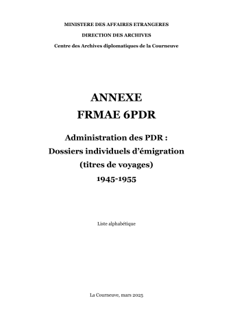 FR MAE 6PDR, ZFO, Personnes déplacées et réfugiées, Administration des PDR, Annexe : Titres de voyages, 1945-1955