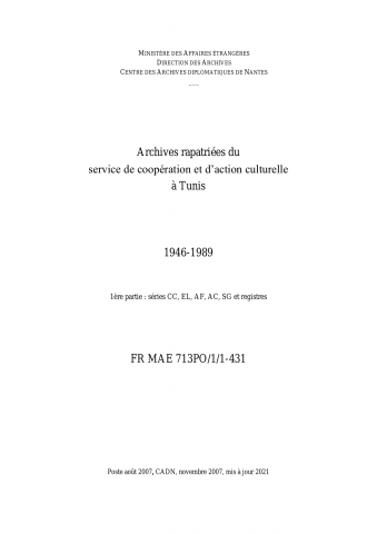 FR MAE 713PO/1/1-431, Tunis, SCAC, 1946-1989