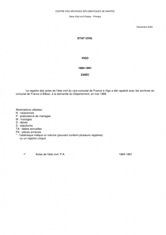 FR MAE 234EC, Vigo, état civil consulaire, primata, 1884-1891