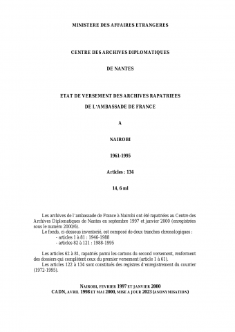 FR MAE 457PO/1/1-134, Nairobi, ambassade, 1961-1995
