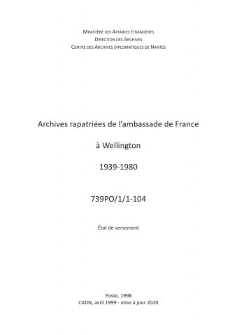 FR MAE 739PO/1/1-104, Wellington, ambassade, 1939-1980