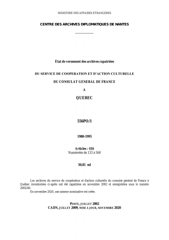 FR MAE 556PO/1/133-560, Quebec, SCAC, 1980-1995
