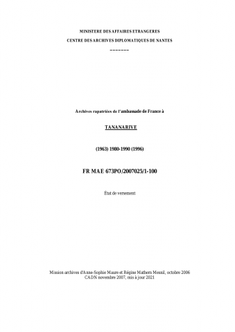 FR MAE 673PO/2007025/1-100, Tananarive, ambassade, 1980-1990