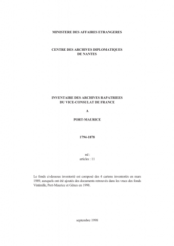FR MAE 534PO, Port-Maurice, consulat, 1794-1878