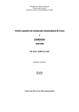 FR MAE 215PO/1/1-182, Edmonton consulat, 1959-1996