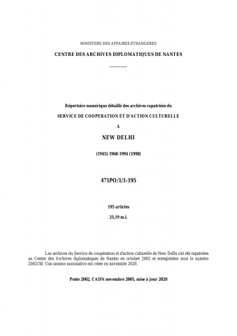 FR MAE 471PO/1/1-195, New Delhi, SCAC, 1968-1994
