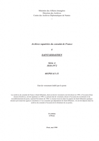 FR MAE 601PO/A, Saint-Sébastien, consulat, 1818-1972
