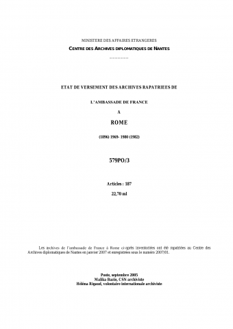 FR MAE 579PO/3/1-187, Rome, ambassade, 1969-1980
