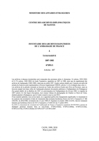 FR MAE 673PO/1, Tananarive, ambassade, 1897-1985