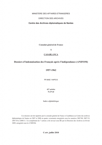 FR MAE 144PO/3, Casablanca, consulat, ANIFOM, 1957-1962