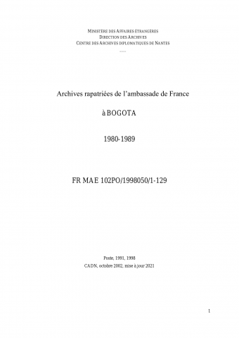 FR MAE 102PO/1998050/1-129, Bogota, ambassade, 1980-1989