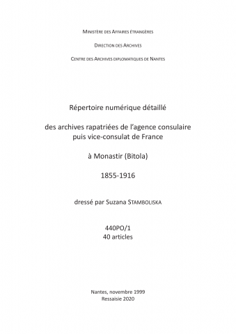FR MAE 440PO/1, Monastir, agence consulaire, vice-consulat, 1855-1916