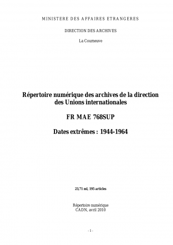 FR MAE 768SUP, Unions internationales, 3e versement, 1944-1964