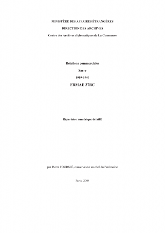 FR MAE 37RC, Relations commerciales, C13 à C15 - Sarre, 1918-1940